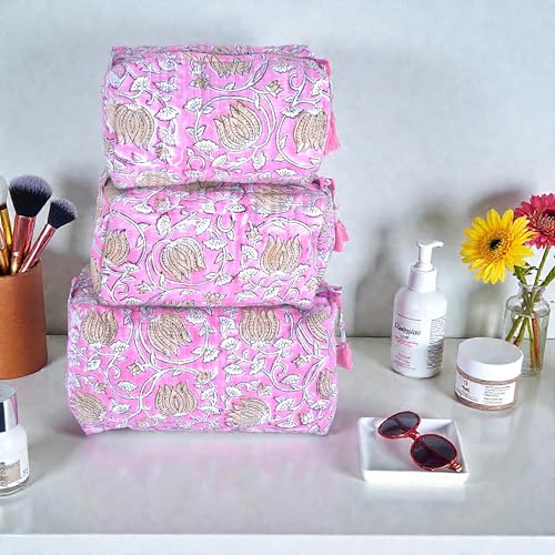 Quilted Floral Block Print Makeup Bag Set of 3 ? Cotton Travel Toiletry and Makeup Organizer, Cosmetic Pouch, Toiletry Bag for Women, Cute Boho Coquette Make Up Bags for Women (Small, Medium, Large)