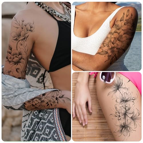 EMOME 12 Sheets Sexy Temporary Tattoos for Women, Half Arm Flowers Fake Tattoos Sleeve, Temp Realistic Tattoo Stickers for Adults Girls Shoulder Arm Leg Back