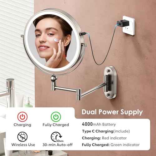 9" Wall Mounted Lighted Makeup Mirror,4000mAh Rechargeable Double Sided 1X/30X Magnifying Mirror with Light,Touch Dimmable,Extended Arm 360 Rotation Wall Mounted Makeup Mirror 3 Color Lights-N