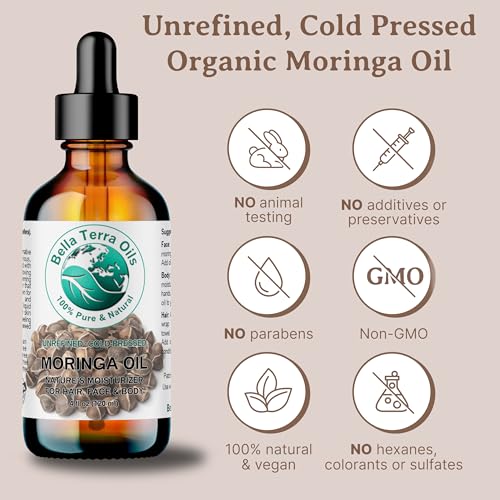 Bella Terra Oils - Organic Moringa Oil 4 oz - Celebrating Pure Premium Organic Moringa, Enriched with Antioxidants, Best for Nourishing Skin¡¯s Natural Glow