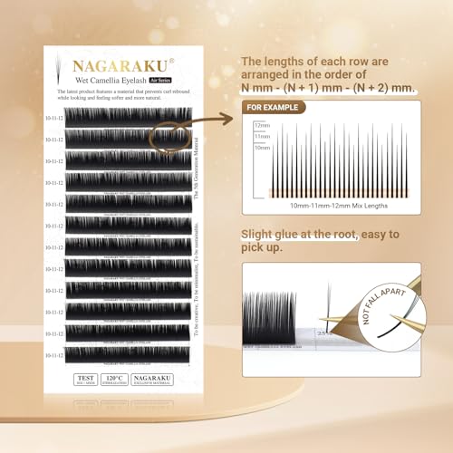 NAGARAKU Wet Camellia Eyelash Extension, Individual Lashes 3 Multi-length Fans Premium Matte Black Natural Pre-Glued Classic Lash Extensions Mega Volume Beauty Salon Supplies - 0.07LC 12-13-14
