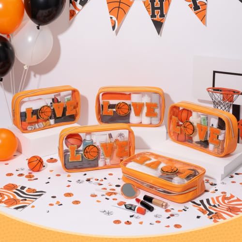 6 Pcs Basketball Clear Makeup Bag with Chenille Letter Patch Sport Goodie Clear PVC Pouch Organizer Waterproof Travel Toiletry Bags for Sports Theme Birthday Party Supplies