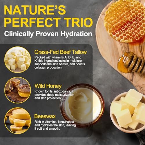 Beef Tallow for Skin, Whipped Tallow Honey Balm for Face -Fed Beef Tallow & Raw Wild Honey - Organic Moisturizer for Soft, Smooth Skin- Light Scent, Moisturizing Natural Formula, 8.4 Oz