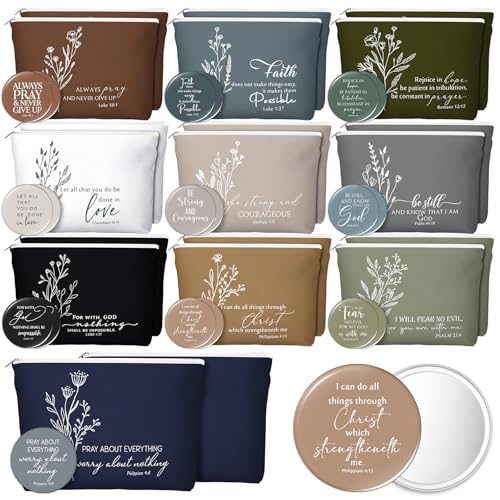 Reginary 20 Set Christian Gifts for Women Bulk 20 Religious Canvas Makeup Bags 20 Bible Verse Compact Mirrors Inspirational Church Holy Week for Easter Mother's Day(Neutral Colors,Aesthetic Style)