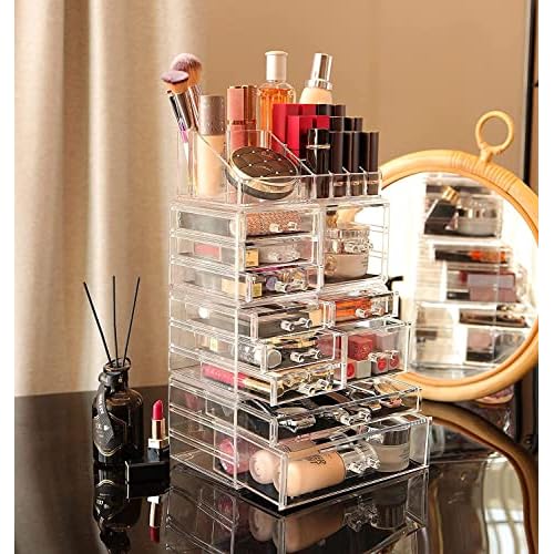Cq acrylic Makeup Organizer Skin Care Large Clear Cosmetic Display Cases Stackable Storage Box With 11 Drawers For Vanity,Set of 4