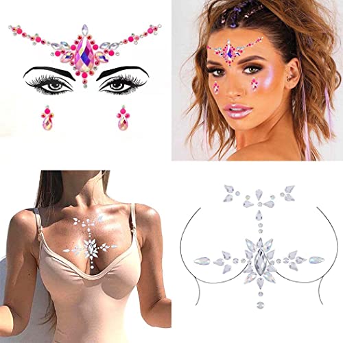 Rhinestone Mermaid Face Gems Rave Body Jewelry Tattoo Pink Body Stickers Festival Chest Gems for Women and Girls 2PC