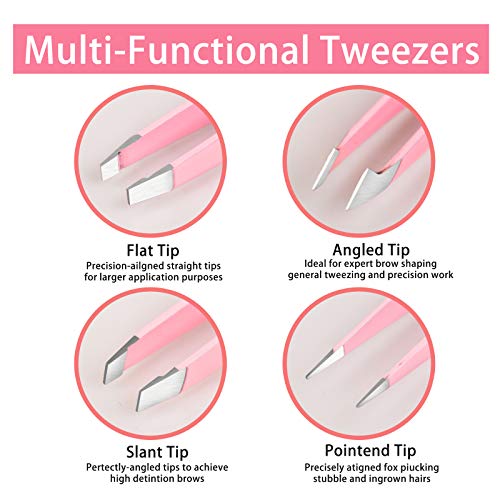 Tweezers Set 4-piece, Professional Stainless Steel Tweezers, Precision Tweezers for Eyebrows, Facial Hair, Ingrown Hair, Splinter, Blackhead and Tick Remover (PINK)
