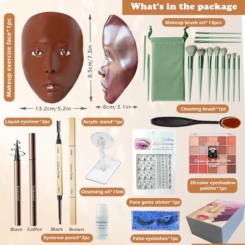 Silicone Makeup Practice Face Board Kit, Mannequin Face for Makeup Practice with Brushes Set & Eye Shadow & Rhinestones Sticker-Black