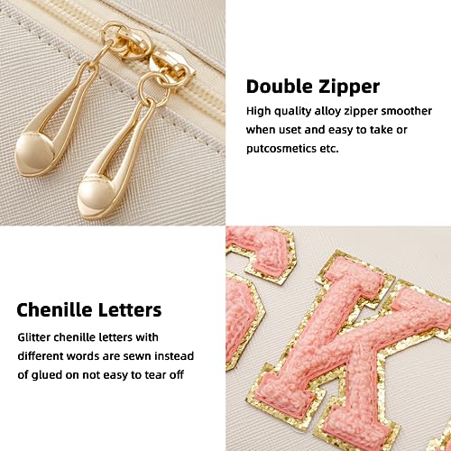 HBselect Preppy Makeup Bag 6 Pcs Travel Toiletry Bag Chenille Letter Patch Makeup Bag Portable Cosmetic Bag for Women PU Leather Waterproof Organizer Make up Bag for Women Girls