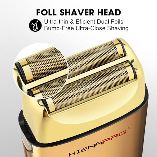 HIENA PRO Foil Shaver for Men Barber, Double Electric Foil Trimmer, Professional Electric Razor, Close Shaver, Cordless Rechargeable with USB, Detachable Design, LED Display, Gold