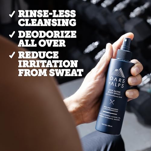 Oars + Alps Skin Saver Body Spray with Hypochlorous Acid, Eliminates Odors, Freshens & Soothes Irritation & Redness, Use After Workouts, Traveling & Post Shave, Safe & Clean Ingredients, 6.8oz