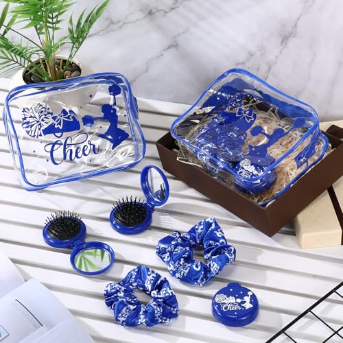 Yungyan 36 pcs Gifts 12 Makeup Bag for Women Party Favors Team Gifts With 12 Sport Hair Scrunchies 12 Round Portable Folding Brush (Blue Cheer)