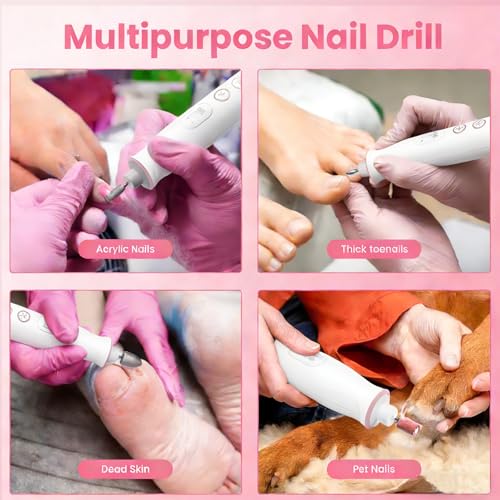 Nail Drill Kit,White Cordless Electric Nail File with 10 Speed,10 Bits and LED Light,for Acrylic Nails,Gel Polish Removal and Thick Toenails,Easy for Beginners
