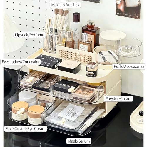 Large Makeup Organizer for Vanity, 3-Tier Dustproof Cosmetic Storage with Drawers & Brush Holder, Skincare Organizer for Bottles, Creams, Lipsticks & Palettes