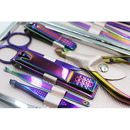 Professional Stainless Steel Chameleon Nail Clipper Travel & Grooming Kit Nail Tools Manicure & Pedicure Set of 15pcs with Luxurious Case(Purple)