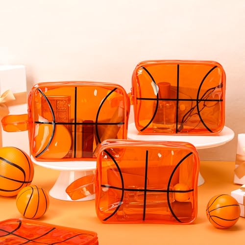 12 Pcs Basketball Clear Makeup Bag Cosmetic Snack Bag with Zipper Handle PVC Pouch Waterproof Travel Toiletry Handbag Accessories for Woman Friends Basketball Birthday 2026 Senior Night Team Gift