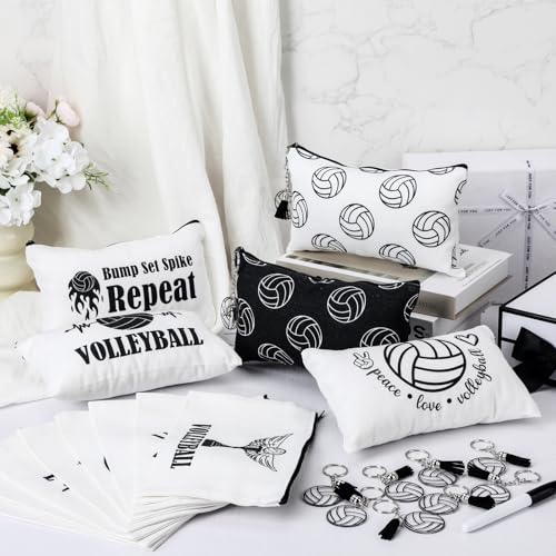 33 Pcs Valentines Day Volleyball Party Favors Include 16 Volleyball Makeup Bag Canvas Cosmetic Bag 16 Acrylic Keychain with a Marker for Birthday Team Lover Gift Filler