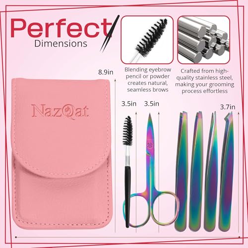 6-Piece Precision Eyebrow Tweezers for Women & Men - Professional Eyebrow & Facial Hair Grooming Kit with 4 Tweezers For Eyebrows, Eyebrow Scissors & Brush - Stainless Steel Tools in Leather Case