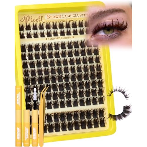 Lash Clusters Kit Brown Cluster Eyelash Extensions Kit More 14/16mm Volume Lashes with Spikes Anime Thick Eyelash Clusters Kit with Lash Bond and Seal, Tweezers by Pleell (D Curly, 144PCS)