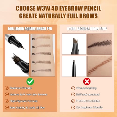 Eyebrow pencils for women, W3W 4D Dual-Ended Brow Pen, 2 Pack brow pen, 2different Colors Eyebrow Pencils,Dark Brown + Brown