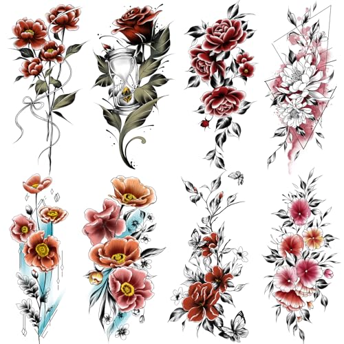 Cerlaza Temporary Tattoos for Women Adult, Realistic Flowers Half Arm Sleeve Tattoo, Waterproof Fake Tattoos, Semi Permanent Sexy Red Flower Tattoo Long Lasting-12 sheets