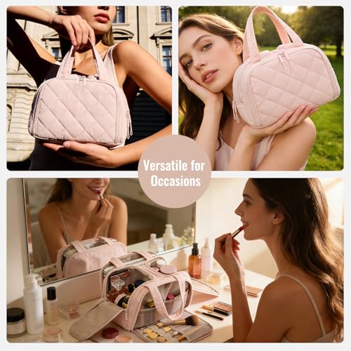 Travel Toiletry Bag, Large Quilted Cosmetic Organizer with Water-Resistant PVC & Mesh Pockets, Makeup Bag for Weekend Trip and Business Travel Essentials (Pink)