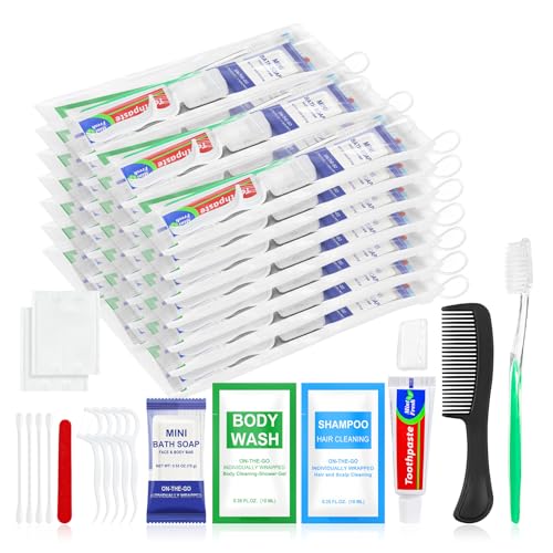30 Sets Personal Hygiene Kit Bulk,10-IN-1 Green Individually Wrapped Disposable Travel Toothbrushes and Hotel Vanity Set Basic Toiletry Supplies for Homeless,Guests,Charity