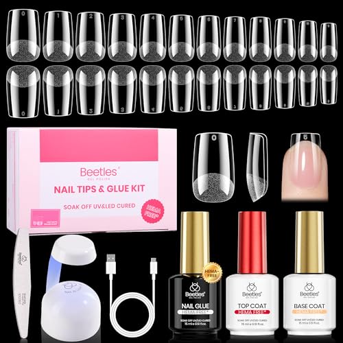 Beetles Gel Nail Kit Etch-X, Square Short, 288pcs 12 Sizes Nail Tips, 3Pcs 15ml HEMA-Free Nail Glue Top Coat & Base Gel Set, with Mini Lamp, Press On Nail, Long Lasting Extension DIY Set at Home