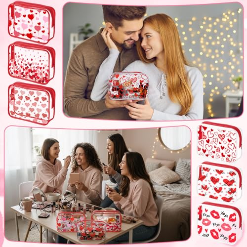 12 Pcs Valentine's Day Makeup Bags Heart Cosmetics Bag PVC Clear Portable Goodie Bags Organizer 7 x 4.3 x 2.4 '' Travel Zippered Toiletry Carry Pouch for Valentine¡®S Day Women Gift