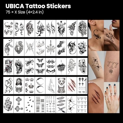 105 Sheets Large Temporary Tattoos For Women Men Adult, Dragon Tiger Wolf Tribal Christian Floral Halloween Fake Tattoo Stickers, Black Realistic Arm, Leg, Hand Body Waterproof Art
