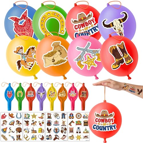 72 PCS Cowboy Party Favors for Kids ? 48 Pre-Cut Temporary Tattoos & 24 Cowboy Punch Balloons Themed Birthday Party Decorations Supplies Favors Gifts, Goodie Bag Fillers, Classroom Rewards