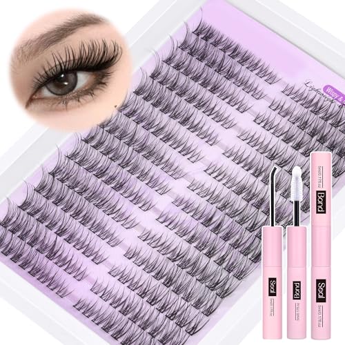 Wispy Lash Extension Kit Natural Lash Clusters Kit DIY Eyelash Extensions Kit 252 pcs Individual Lashes Clusters Wispy Eyelash Clusters with Lash Bond and Seal at Home Cat Eye Cluster