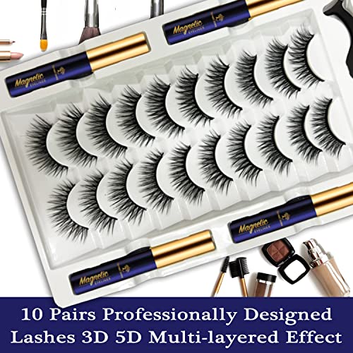 Magnetic Eyelashes Lashes,10 Pairs Magnetic Lash Kit with Liner,3D Natural Look,Reusable Cat-Eye Magnet False Eyelashes Cruelty Free.