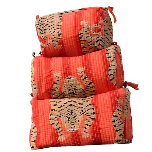 INDACORIFY Beautiful Printed Toiletry Bag Set 3 Pcs Quilted Makeup Bag Cosmetic Bag Block Print Handmade Waterproof Travel Accessory Bag