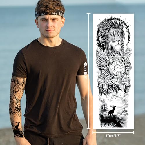 Full Arm Black Temporary Tattoo Sleeve for Men 8 Sheets, Scary Fake Tattoos That Look Real, Tigers for BBQ Pool Beach Party
