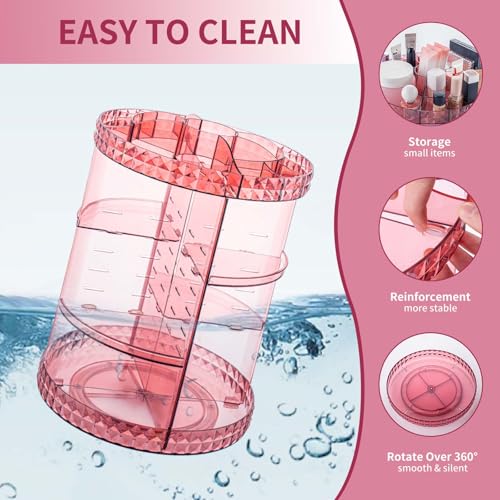 V-HANVER 360 Rotating Makeup Organizer Perfume Organizer Pink Cosmetic Storage Display Case Large Capacity Acrylic Beauty Holder Adjustable Partition Height for Bedroom Dresser or Bathroom Vanity