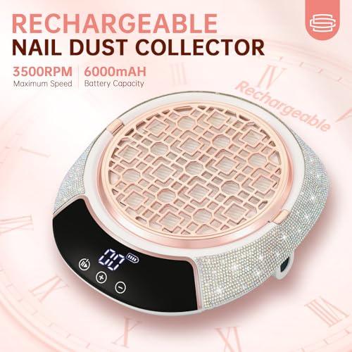 Nail Dust Collector,3500RPM Cordless Dust Collector Nail Tech with LED Display,Rechargeable Dust Suction Machine with Reusable Fillter for Acrylic Gel Polish,Salon & Home AB Diamond