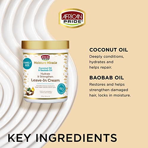 African Pride Moisture Miracle Leave-In Cream with Baobab Oil & Coconut Oil for Coily & Curly Hair, Adds Moisture, Helps Repair & Strengthen, 18 oz