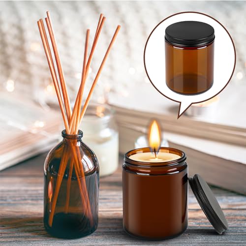 Goiio 12 Pack Amber Glass Jars, 8 Oz Thick Amber Round Glass Jars, with Black Metal Lids, for Spice, Liquid, Sample, Leakproof and Dishwasher Safe
