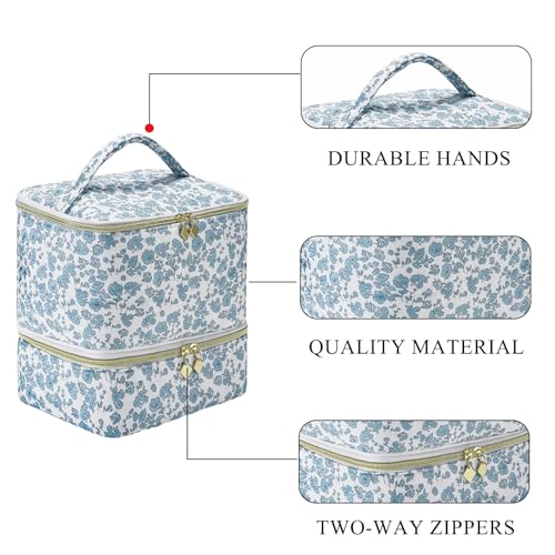 Upgraded Nail Polish Organizer Case - Holds 30 Bottles and 1 Nail Light, Double-layer Nail bag Organzier Case Nail Polish Storage Bag with Handles (Blue-Flower)