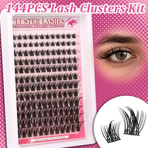 144 PCS Lash Clusters, 8-18mm Mixed Length Individual Cluster Lashes, C/D Curl Wispy Eyelash Extensions, Lightweight & Reusable DIY Lashes for Beginners, Natural to Dramatic Look