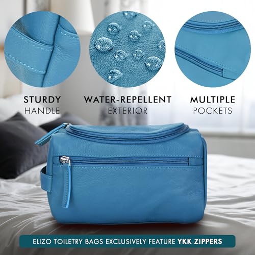ELIZO Premium REAL Leather Toiletry Bag for Men Dopp Kitt Hanging Mens Toiletry Large TSA Toiletries Bag Shaving Grooming Bag Organizer (Blue, Large)