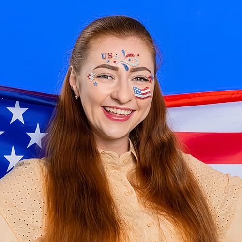 4th of July Face Gems, Fourth of July Celebration Face Jewels, Patriotic Tattoo with USA Flag Stars Designs, Sparkle Glitter Red Blue Silver for Independence Day, Parades, Parties 2 Sheets (style1)