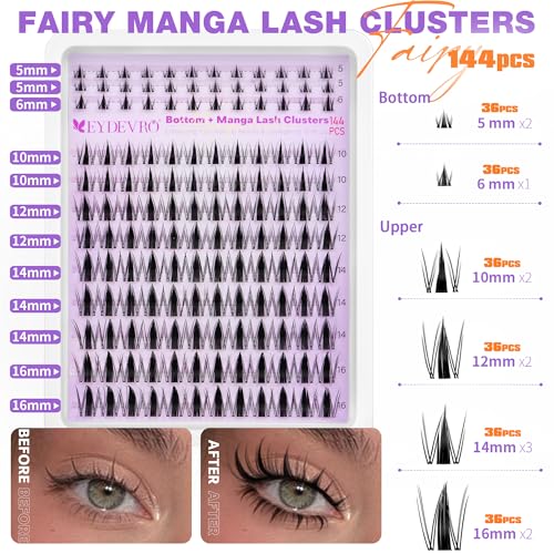 EYDEVRO Manga Lash Clusters Kit with Bottom Lashes Wispy Eyelash Clusters Kit 10-16mm Natural Fairy Cluster Lashes with Bottom Lash Clusters DIY Lash Extension Kit Clear Band Individual Lashes