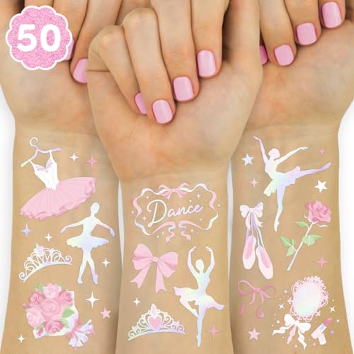 xo, Fetti Ballerina Party Temporary Tattoos - 50 Iridescent Foil | Happy Birthday Princess Decorations, Bow Girl Baby Shower Accessory, Ballet Theme Favor, Dancer Gift + Tutu Supplies
