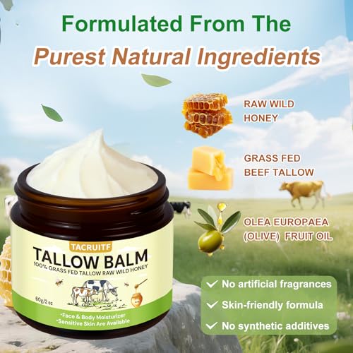 Organic Grass-Fed Beef Tallow & Raw Honey Balm ? Handmade Whipped Moisturizer for Face & Body, Soothes Eczema, Rosacea, Dry & Sensitive Skin ? Unscented, All-Natural, Chemical-Free (6 Packs / 12oz)