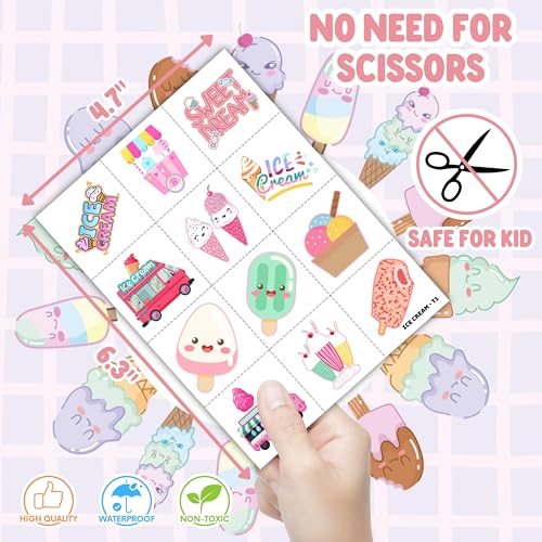96PCS Ice Cream Pre-Cut Temporary Tattoos for Kids - Summer Birthday Party Supplies, Fun Tattoos for Boys & Girls, Party Favors, Classroom Prizes, Themed Gifts