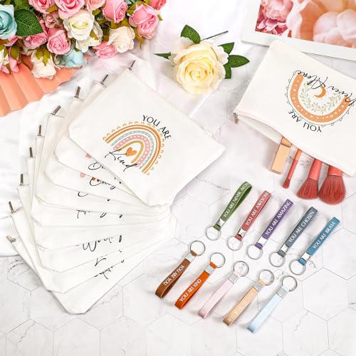 Fumete 60 Pcs Inspirational Gifts Bulk for Women Employee Appreciation 30 Inspirational Rainbow Canvas Makeup Bag 30 Motivational Keychains Thank You Gifts Bulk for Administrative Secretary Volunteer