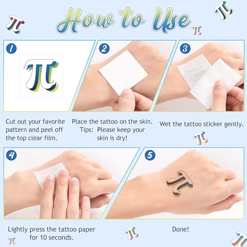 WATINC 600 Pcs Pi Day Tattoos Sticker Bulk, 25 Sheets Pi Symbol Temporary Tattoos, Pi Day Fake Tattoo Stickers Decorations, Math Pi Theme Party Favor Decor for Kids School Classroom Class Activities