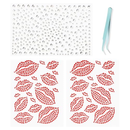 Red Face Gems Self-Adhesive Face Jewels, Red Lip Hair Gems & Festival Kiss Stickers, Face Rhinestone Stickers for Makeup, Eye, Hair, Body, Rave Accessories (Kids & Women)